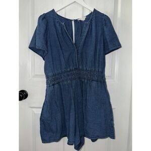 By Anthropologie Women's Sz L Large Blue Chambray Cotton Denim Short Romper
